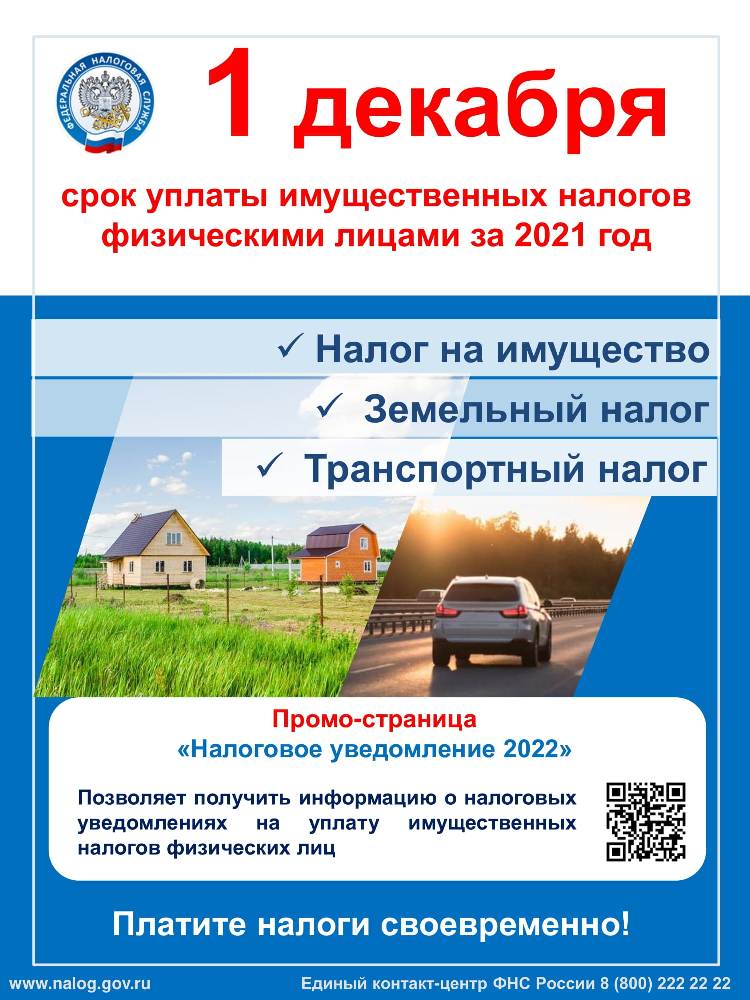 1 декабря единый срок уплаты имущественных налогов физических лиц за 2021 год